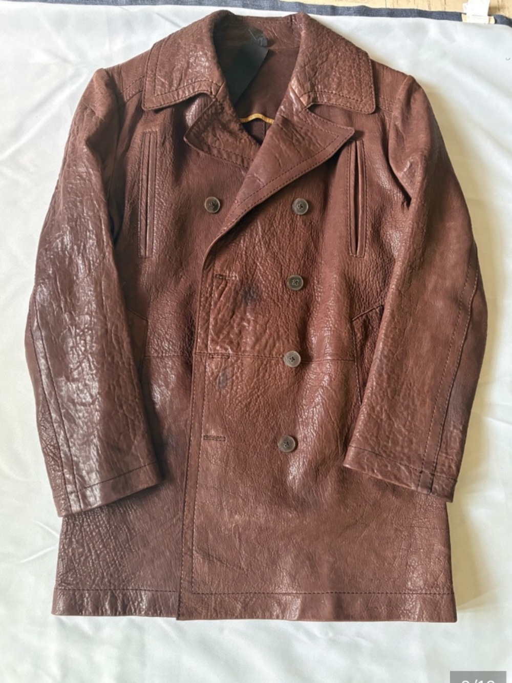 OFF-PR STYLE MEN'S BROWN LEATHER DOUBLE-BREASTED COAT SIZE 48 - Picture 2 of 16